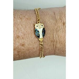 Handmade White Owl Bracelet Abalone 14K Gold Plated Double Chain Adjustable